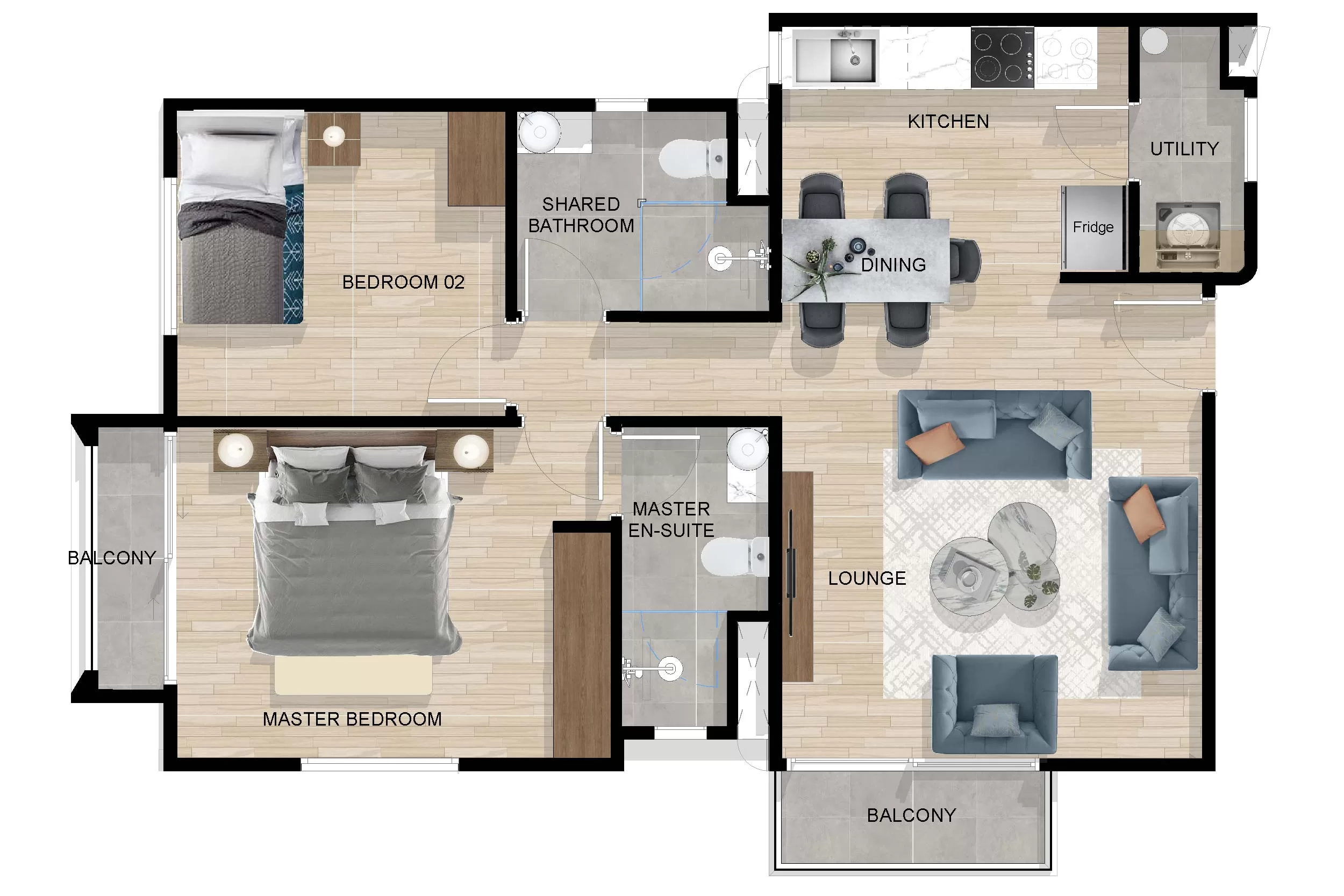 Unity Parkside 2-bedroom floor plan, standard balcony