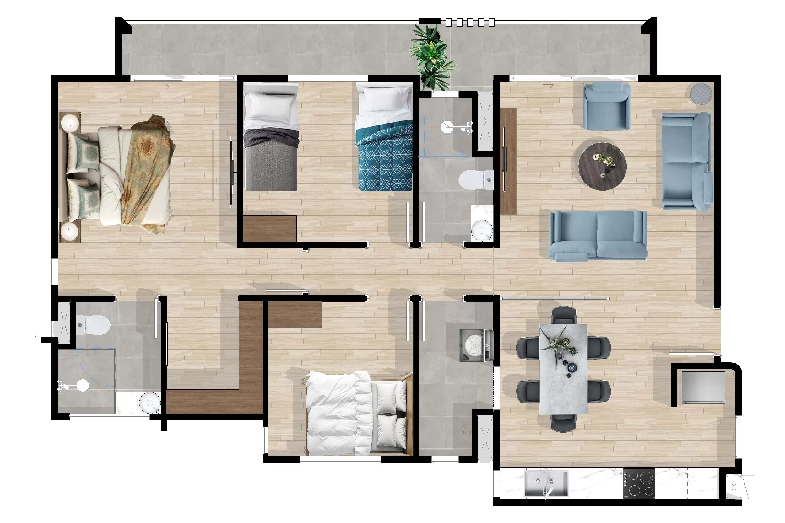 Unity Parkside 3-bedroom floor plan, long balcony